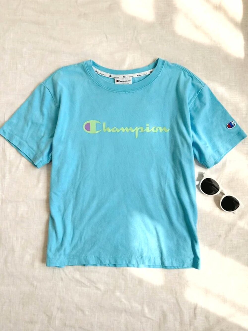 Champion Light Blue Script Logo T-Shirt Size S